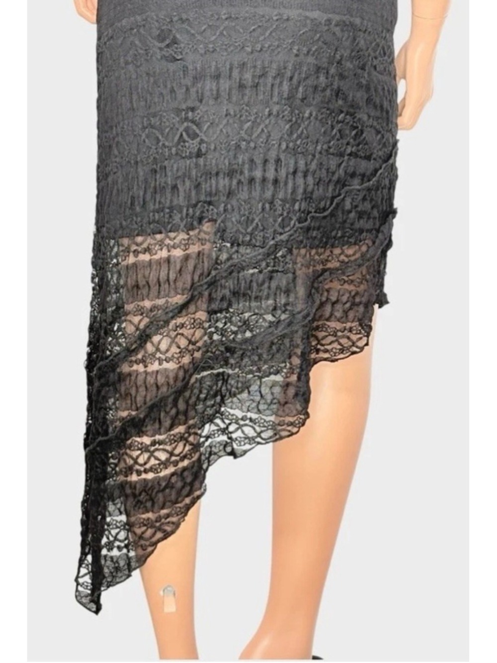 90s Deadstock Black Lace Mesh Midi Dress Asymmetrical Hanky Hem M Fairy Grunge - Picture 4 of 13